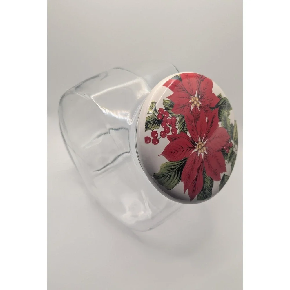 Vtg‎ Clear Glass Cookie Jar Ceramic Poinsettia Lid Christmas Holiday Container